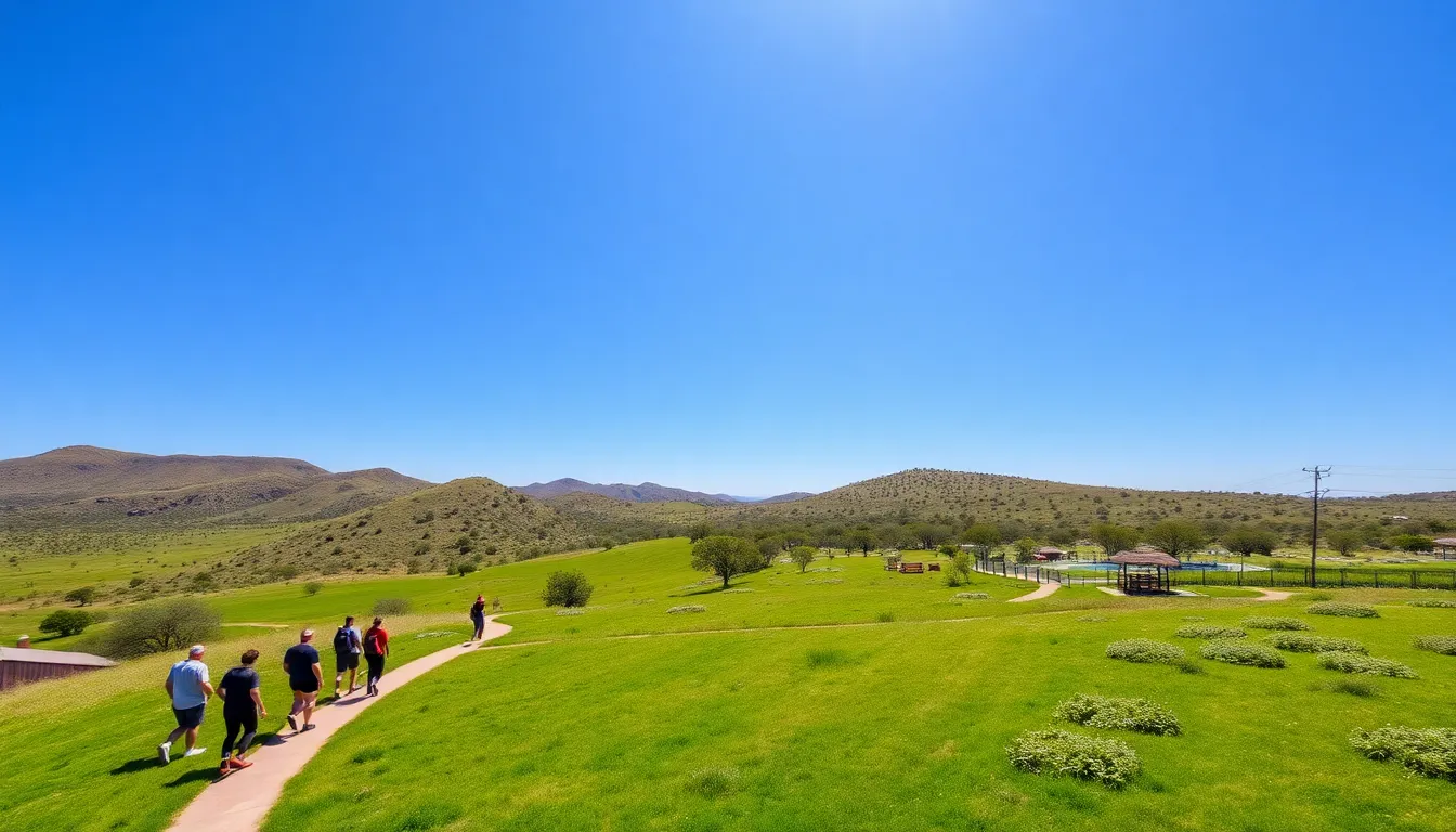 A diverse group hiking in a scenic cultural park.
