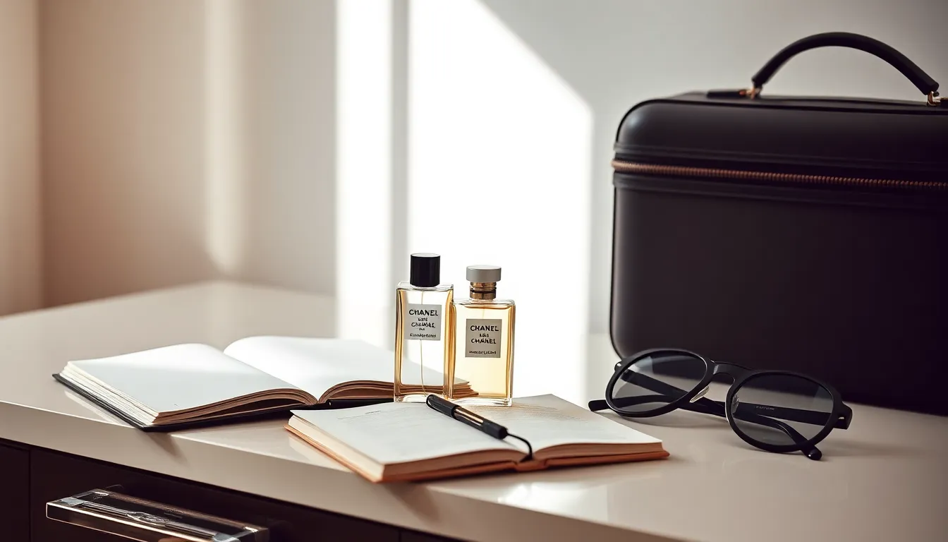 Chanel travel perfumes displayed elegantly on a minimalist vanity.