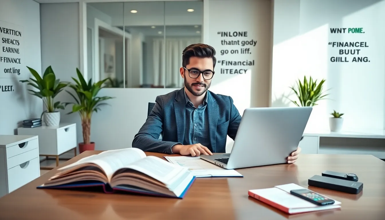 young professional managing finances in a modern office.