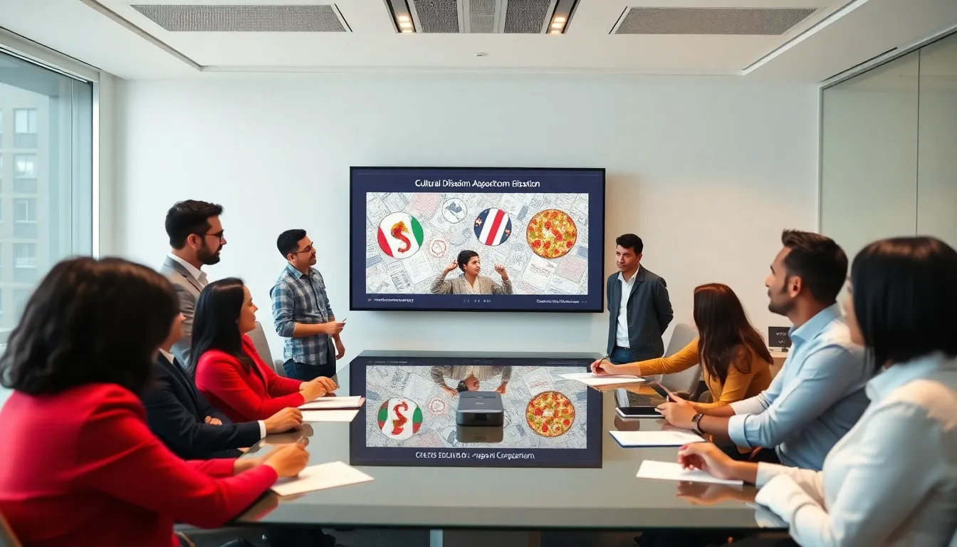 diverse professionals discussing cultural diffusion in a modern office.