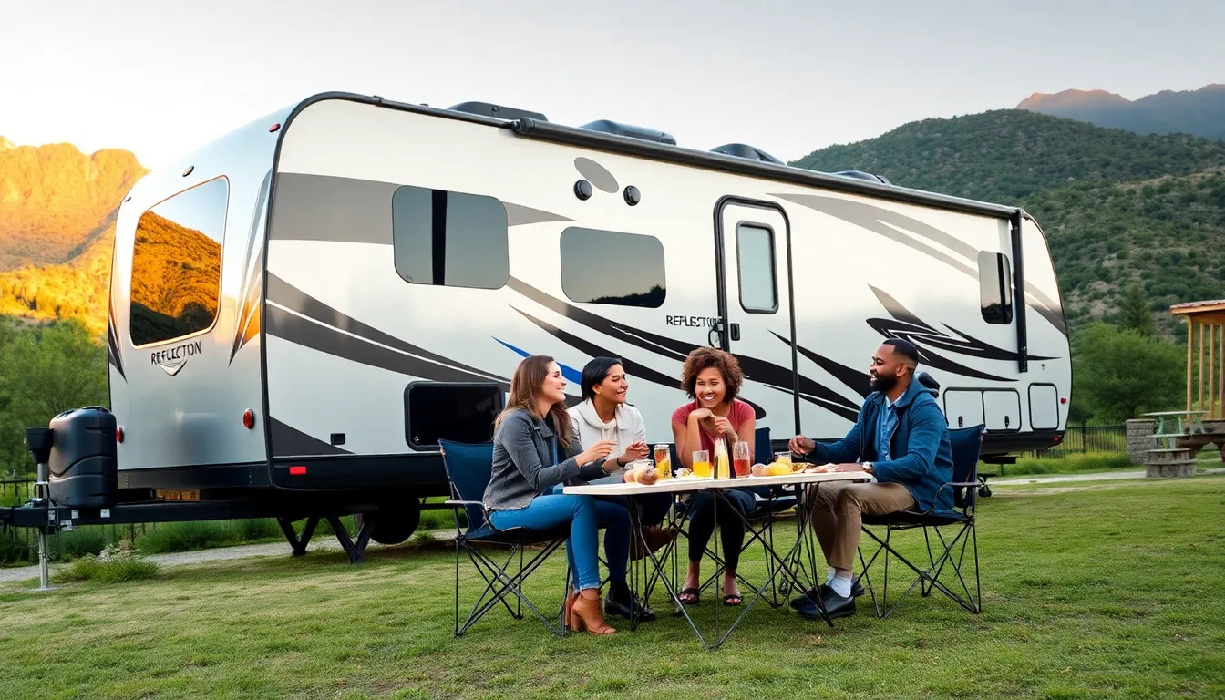 family enjoying time outside a Grand Design Reflection travel trailer.