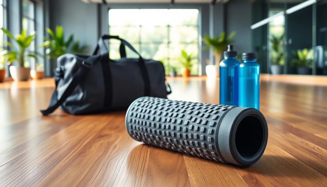 A travel foam roller on a gym floor with travel gear.