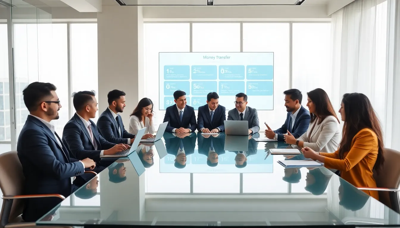 diverse professionals discussing money transfer options in a modern office.