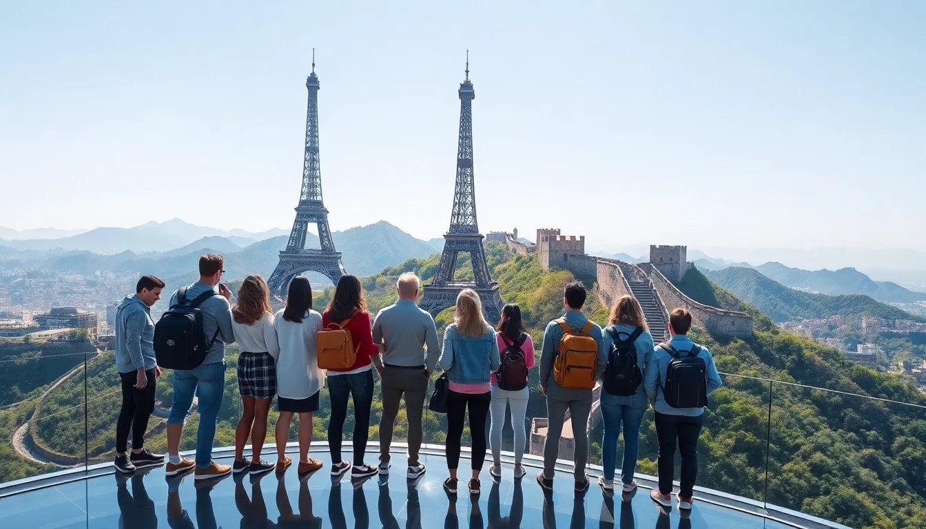 diverse travelers envisioning infinite travel at iconic landmarks.