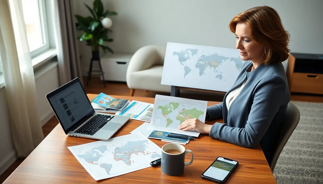 professional preparing for safe travel with maps and a laptop.