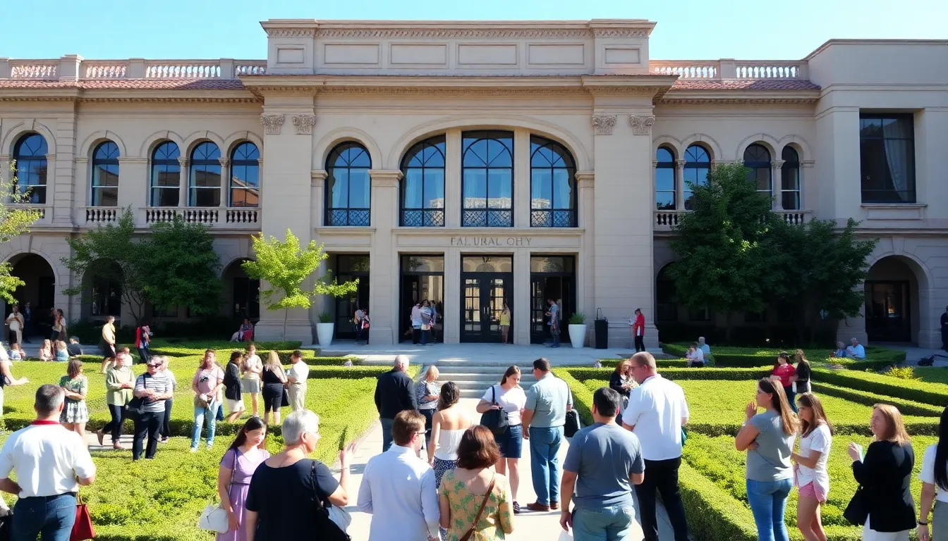 Falkirk Cultural Center with diverse visitors admiring its architecture.
